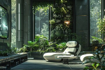 Cybernetic Forest Living Room with biomechanical furniture, holographic projections, and a fusion of technology and nature. Cybernetic home decor. Template, 3D rendered.