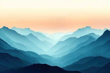Obraz premium A serene mountain landscape showcasing layered peaks in calming blue tones during a tranquil sunset.
