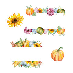 Watercolor autumn frames set with pumpkins and fall leaves