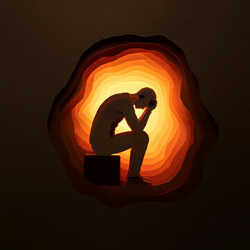Man portrait silhouette with depressed person inside in realistic 3D paper cut style. Depression, Anxiety. PTSD. Stress. Sad. 
