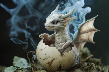 A mesmerizing tiny dragon emerges from its cracked egg, bringing a sense of magic and wonder as it begins its enchanting journey into life.