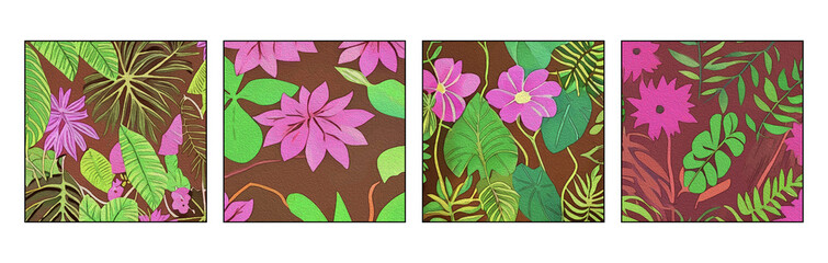 Set of 4 Botanical pattern for printing on wall decorations, covers. Artistic brush strokes.