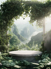 An empty podium in front of a beautiful natural landscape.
Generative AI