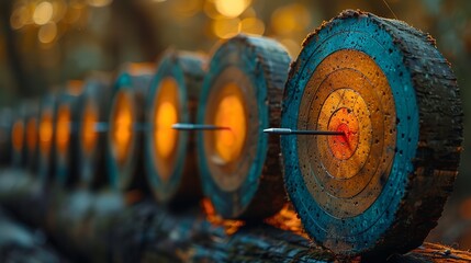 Obraz premium Row of circular archery targets: precision in aiming, hitting the center, and achieving goals in competition or sport.