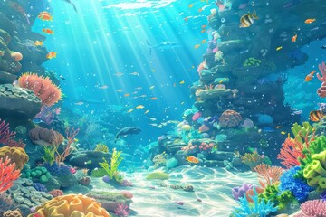 Naklejka premium Vibrant Coral Reef with Diverse Marine Life and Hidden Treasure.