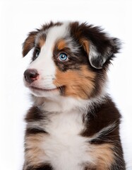 笑顔のオーストラリアン・シェパードの子犬のポートレート（Portrait of a smiling Australian Shepherd puppy on white background）
