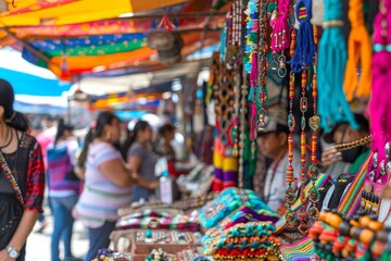 Vibrant Marketplace with Artisan Selling Handmade Colorful Jewelry.