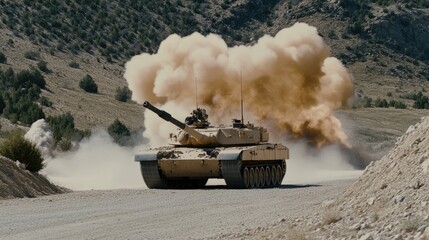 A tank maneuvers through a ruined city, its gun raised as explosions erupt nearby, showcasing the chaos of urban warfare