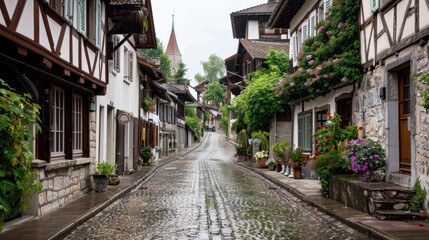 Obraz premium Charming cobblestone street lined with traditional houses and lush greenery, evoking a peaceful, quaint atmosphere on a rainy day.