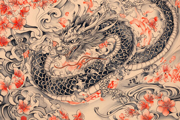 A breathtaking depiction of a Japanese dragon intertwined with delicate blossoms, showcasing power and beauty in traditional tattoo art.