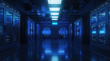 Server Room Interior with Blue Lighting