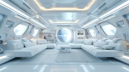 Futuristic spaceship interior with white sofas and earth view window