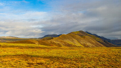 Scenery landscape of mountain. Scenery autumn countryside. Countryside landscape with mountain. Autumn mountain landscape. Nature of Iceland. Fall nature in mountain countryside with valley