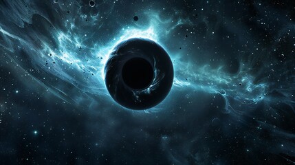 An intricate 3D depiction of a black hole with swirling accretion disk and cosmic jets shooting out