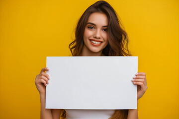 Fototapeta premium beautiful young woman on a yellow background holding a white board with a place for an inscription. picture for advertising, woman encourages, advertises, generative AI
