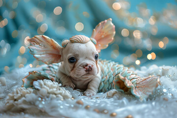 Adorable French Bulldog puppy, adorned with a seashell bra and vibrant tail, captures hearts against a sparkling turquoise backdrop that mimics the ocean