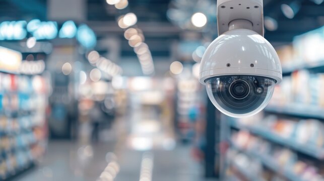 Close-up of a security camera monitoring a retail store, showcasing modern surveillance technology in a shopping environment.