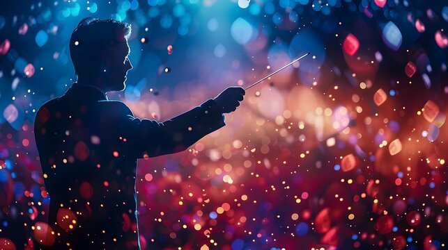 Silhouette Conductor Leading Symphony of Glowing Music Notes in Dark Auditorium