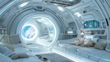 Futuristic spaceship interior with a view of Earth