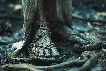 A man in a white robe and sandals, representing Jesus Christ, steps on a snake, crushing its head and body. This scene symbolizes God's promises from the Book of Genesis in the Bible.