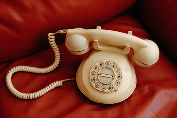 Vintage white telephone resting on a vibrant red leather sofa, capturing a nostalgic atmosphere