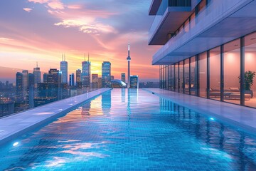 Obraz premium Contemporary urban rooftop pool with infinity edge and city skyline views.