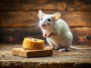 A curious white mouse stands on its hind legs, sniffing a delicious-looking slice of bread lying on a rustic wooden table, surrounded by crumbs.