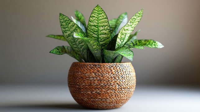 Decorative snake plant in woven basket, indoor