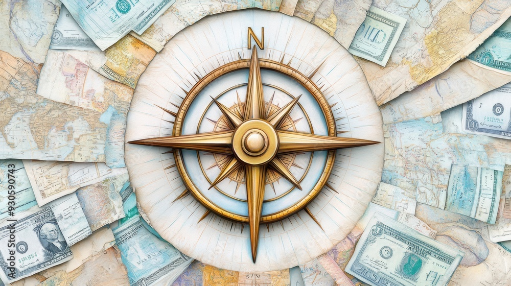 Canvas Prints a compass surrounded by money and a map of the world, ai