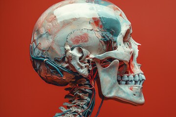 Anatomy of a human skull with brain, teeth, jaw, and nerves. Side view sketch of the skeletal structure with copy space, providing a detailed medical and anatomical background.