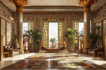 Ancient Egyptian Palace Parlor with hieroglyphics, luxurious furnishings, and an ancient Egyptian palace-inspired, regal ambiance. Ancient Egyptian palace home decor.