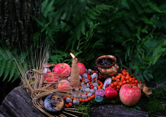 candle, amulet, apples, rowan berries, crystals, witch cauldron in forest, natural background....