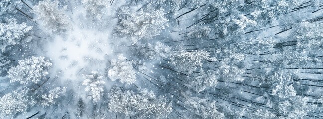 Aerial View of Snow-Covered Forest with Tall Trees on Winter Day