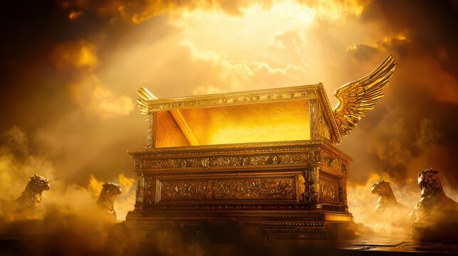 Artistic portrayal of the Ark of the Covenant from the Old Testament, featuring the Ark with golden cherubim in a sacred or historical setting. 