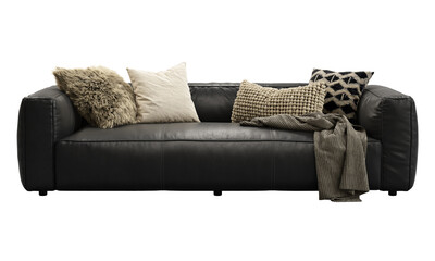 Modern black leather upholstery sofa with pillows and plaid. 3d render.
