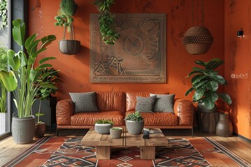 Contemporary Living Room in Earthy Tones with a brown leather sofa, wooden coffee table, potted plants, and unique wall art. Modern home decor. Template.