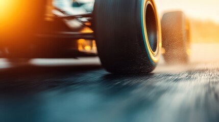 Close-up shot of race car tires screeching on asphalt with sunset in the background, emphasizing speed, performance, and the intensity of race car driving.