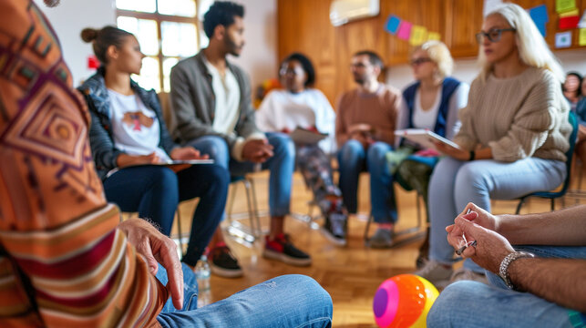 A diverse support group session with participants of different ages and backgrounds sitting in a circle.