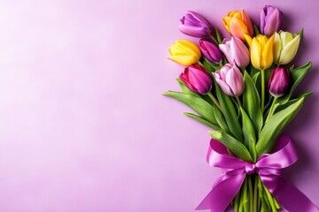 Obraz premium Vibrant tulip bouquet with satin ribbon on purple background