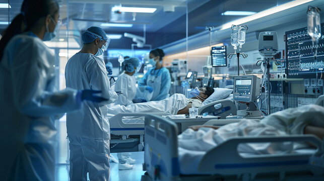 A hospital intensive care unit (ICU) where healthcare professionals are closely monitoring a patient with a viral infection. 