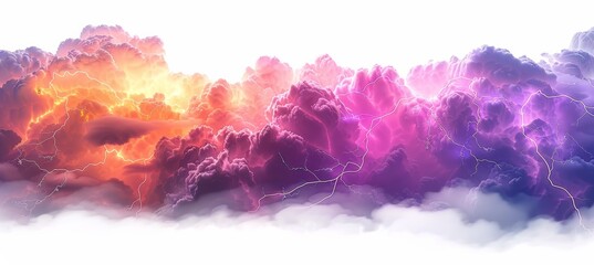 vibrant thunderclouds with lightning on white background, isolated