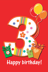 Happy birthday card. Celebration  background with number three, balloon, gift boxes and place for your text. vector illustration
