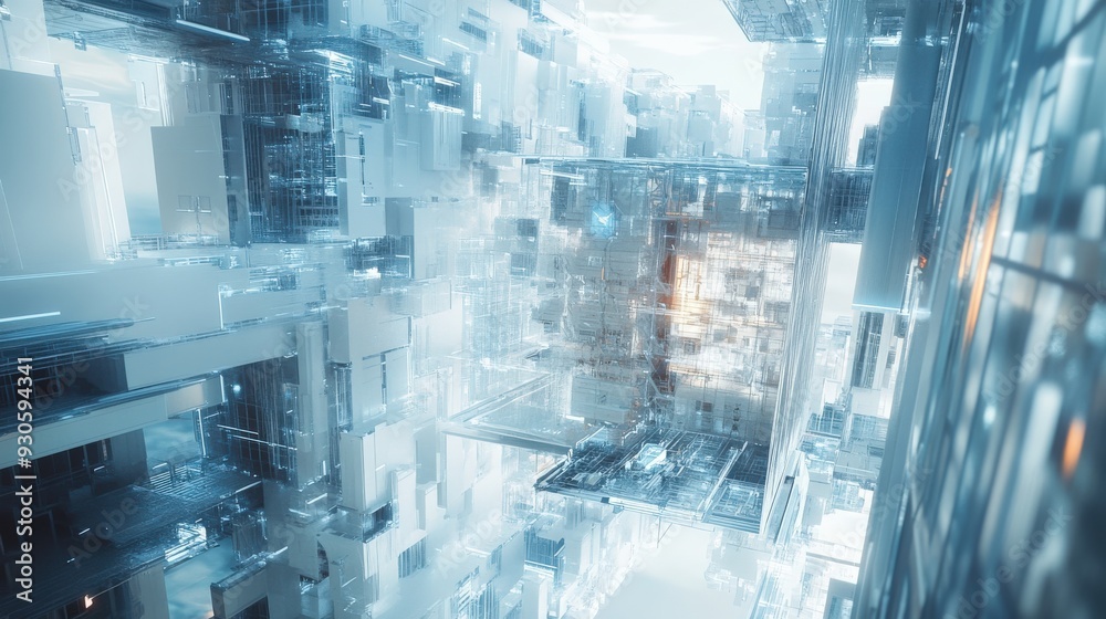 Poster an advanced agi system is engaged in designing intricate structures within a futuristic, high-tech u