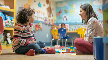 A therapy session between a child and a therapist in a play therapy room.