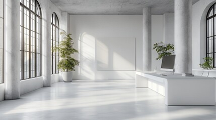 Obraz premium A modern, minimalist office space with large windows and greenery.