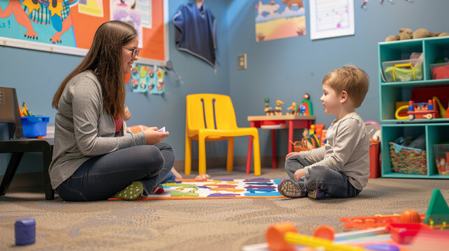 A therapy session between a child and a therapist in a play therapy room.