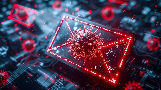 Digital representation of a virus within an email icon, symbolizing cybersecurity threats.