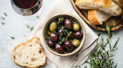 A top-down view of a small bowl of olives marinated in herbs, placed on a linen napkin with fresh bread and a glass of wine nearby