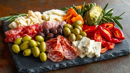 A vibrant antipasto platter with green olives, roasted peppers, artichokes, and cured meats, beautifully arranged on a stone table