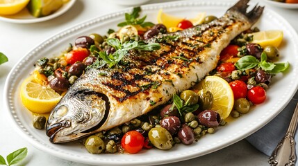A vibrant Mediterranean dish featuring grilled fish, olives, capers, and fresh lemon slices, beautifully plated on a white ceramic dish